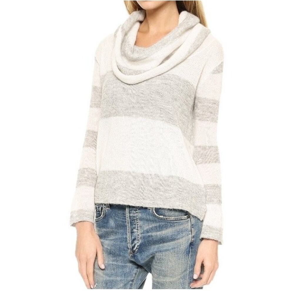 Free People Alpaca Sweater Large Lulu Rugby Stripe Cowl Neckline Ivory Gray L